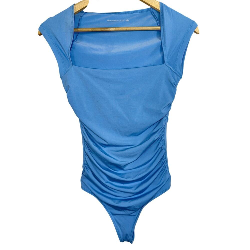 Abercrombie & Fitch Blue Ruched Square Neck Short Sleeve Bodysuit Womens Size S